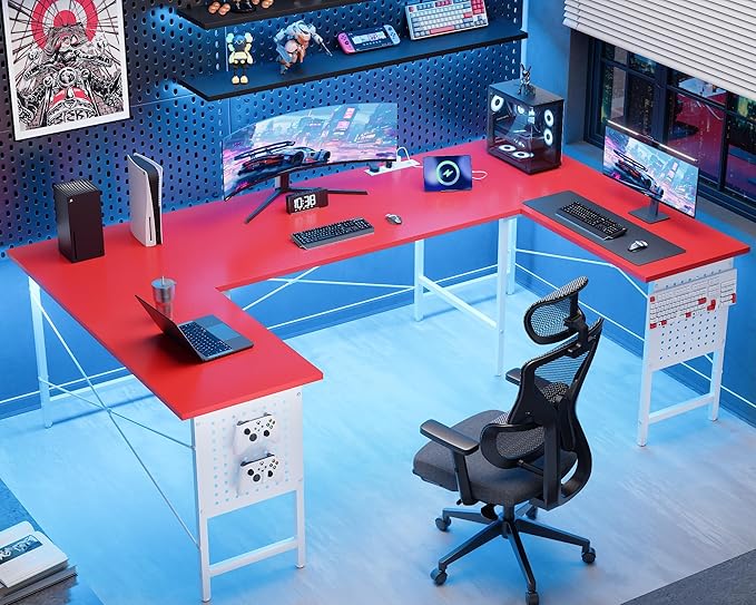 Pamray 71 Inch Large Computer Desk with Power OutletsU Shaped Corner Desk for Home Office Work and Gaming Red