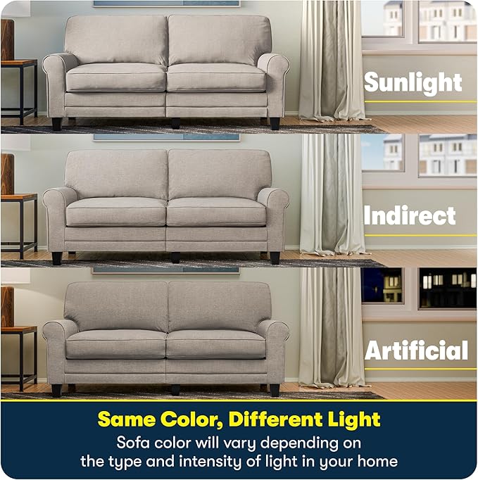 Serta Copenhagen 78 Rolled Arm Sofa Easy Care Polyester Soft Pillow Back Pocket Coil Seat Cushions Removable Covers Loveseat or Couch for Small Spaces Living Rooms or Bedrooms Light Gray