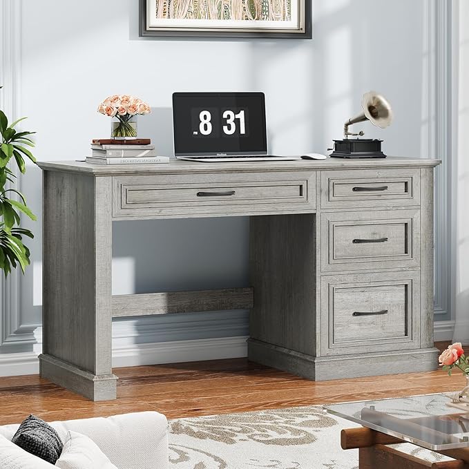 Farmhouse 47 Executive Desk Computer Desk with Drawers and File Drawer Workstation Computer Desk with Charging Station for Home Office Study (Grey)