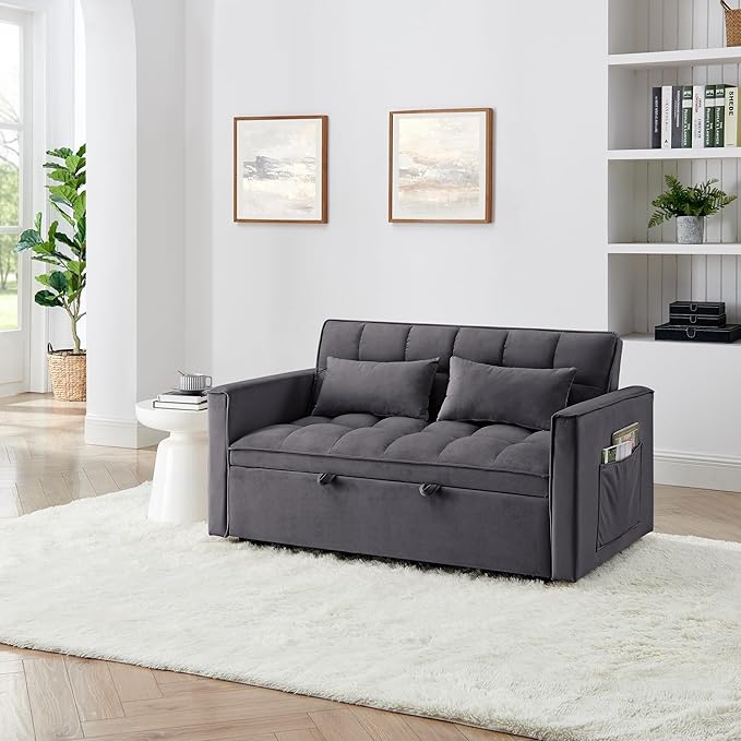 KEIKI 54.33 Pull-Out Sofa Couch Bed 2 in 1 Convertible Velvet Sleeper Sofa with Adjustable Back for Apartment Living Room Antique Gray