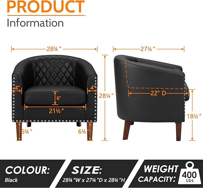 PrimeZone Barrel Chair Set of 2 Comfy Accent Chair Faux Leather Living Room Chairs Club Chair with Cushion Nailhead Trim and Diamond Grid Backrest Reading Chair for Bedroom Waiting Room Black