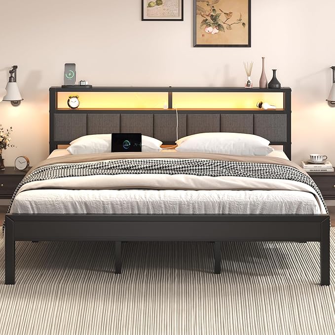King Size Bed Frame with LED Lights and Charging Station Wood Storage Headboard with 2-Tier Shelves Heavy Duty Metal Slats No Box Spring Need Noise Free Easy Assembly Light Grey