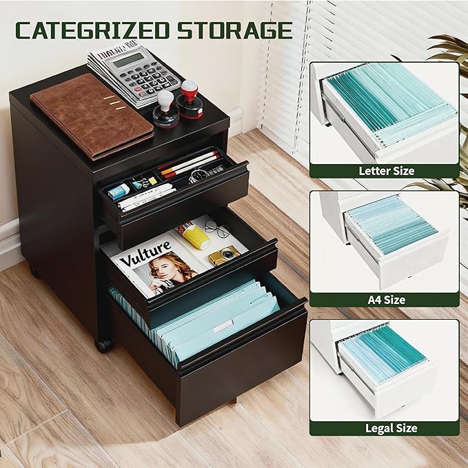 3 Drawer File Cabinet with LockRolling Mobile File Cabinet with Wheels for Home OfficeUnder Desk Metal Filing CabinetOffice Storage OrganizerFully AssembledBlack