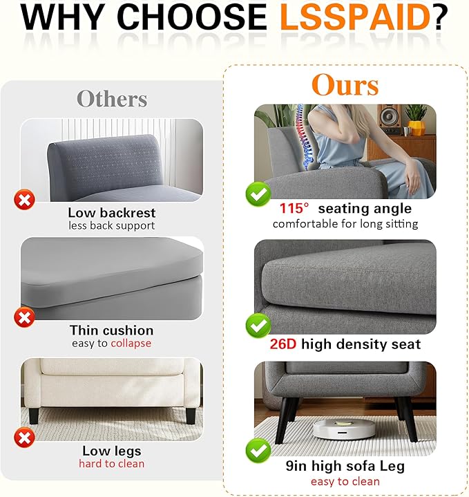 LSSPAID Modern Accent Chairs Upholstered Fabric Cozy Armchairs Living Room Side Chair with Solid Wood Legs Gray