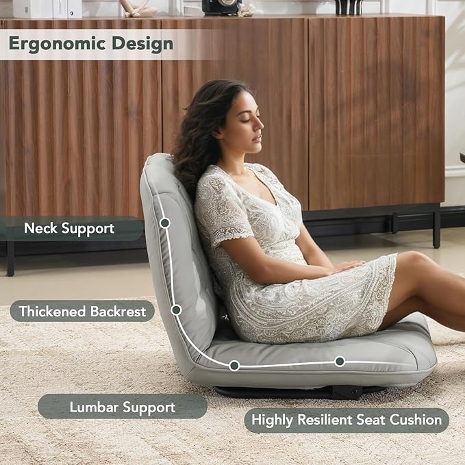 Furniliving 3 in 1 Folding Chair Foldable Floor Chair for Reading Lounging &amp Gaming Portable Camping Chair with Metal Frame Comfy Accent Chair Indoor Reading Chair for Living Room PU (Grey)