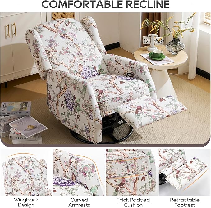 Floral Accent Swivel Rocker Recliner Wingback Recliner Chair with Padded Seat High Back Upholstered Armchair for Living Room Bedroom Home Ofiice (Bird Floral x 2)