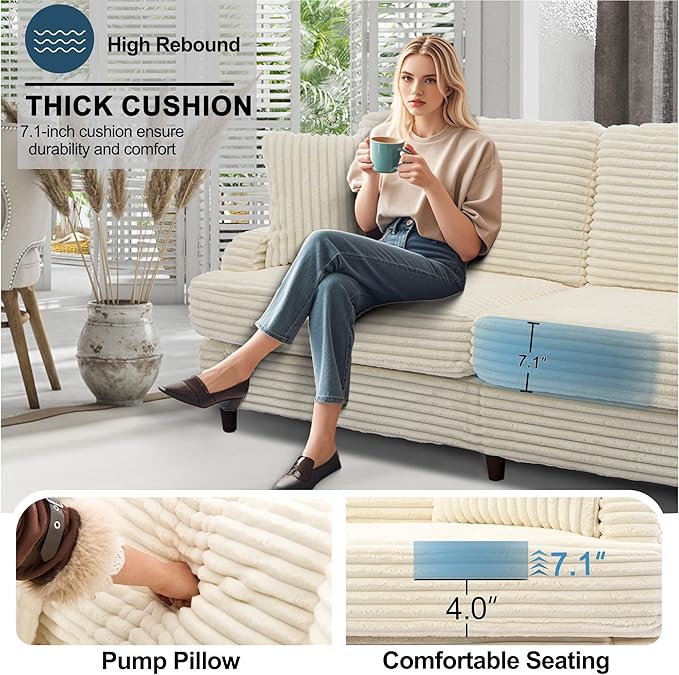 80 Inch Sofa Couch Comfy Love Seat Couches for Living Room Mid Century Modern Oversized Two Seater Couch Plush Corduroy Deep Seat Sofas for Bedroom Small Space Apartment Beige