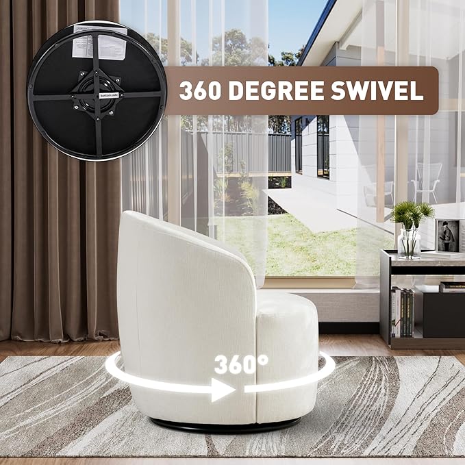 Swivel Barrel Chair Modern Comfy Boucle Swivel Accent Chair Comfy Chenille Round Armchair Small Upholstered Reading Lounge Chair for Living Room Bedroom Office Club Ivory Chenille