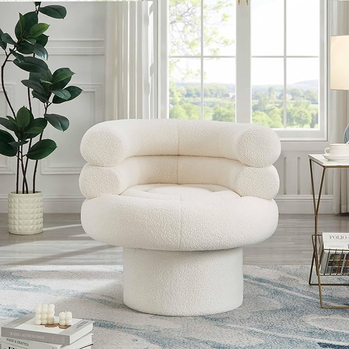 360° Swivel Barrel Accent Chair - Cozy Sherpa Fabric Upholstery Ergonomic Wrap-Around Design Sturdy Base Modern Style for Living Room Bedroom or Office (Beige)