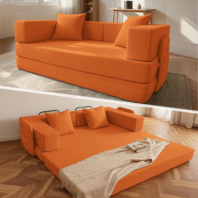 5‑in‑1 Futon Sofa Bed Queen–Floor Foldable Convertible Sofa Couch with L‑Shaped Armrests Removable Cover Orange Convertible Guest Bed | Space‑Saving Fold‑Out Mattress Lounge for Living Room/Bedroom