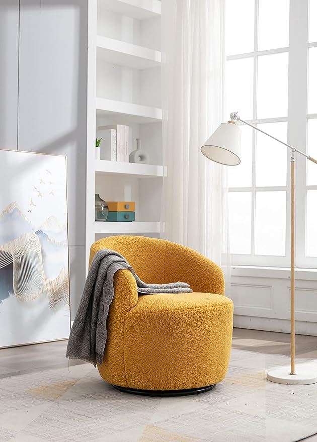 Swivel Barrel Chair Modern Teddy Fabric Swivel Accent Armchair Comfy Round Club Chairs Sofa Arm Chair for Living Room Bedroom Reading Room Apartment Hotel Office Nursery Lounge（Yellow）