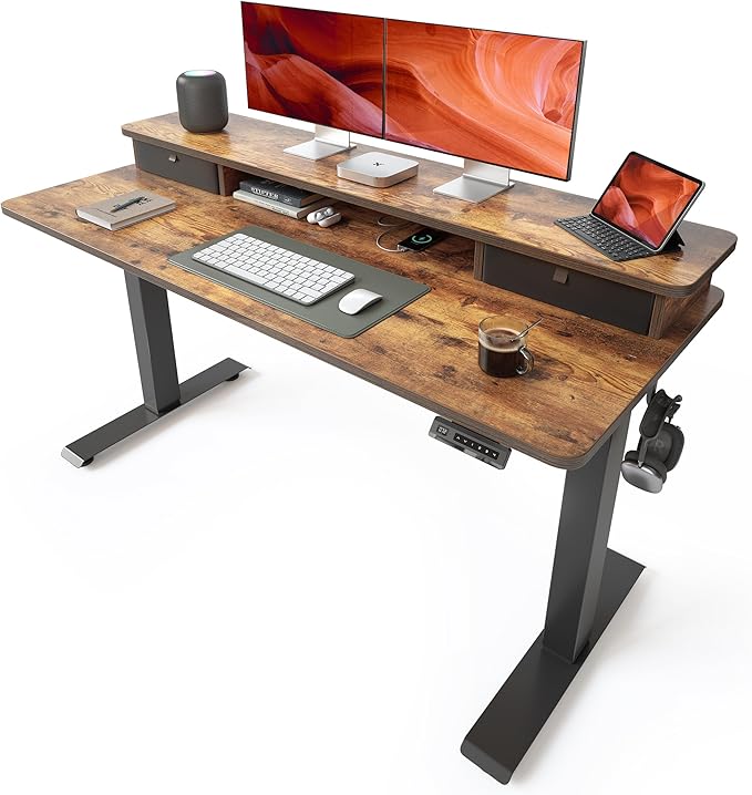 BANTI 55x24 Inch Electric Height Adjustable Standing Desk Home Office Computer Desk with Double Storage Drawers 4 Adjustable Feet &amp 2 Hooks Rustic Brown