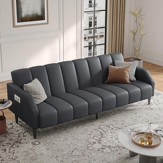 Fadware Faux Leather Couch Convertible Futon Sofa Bed with Adjustable Backrest Mid Century Leather Sofa Loveseat with Side Pockets&amp Metal Leg Modern Leather Sleeper Sofa for Living Room Bedroom