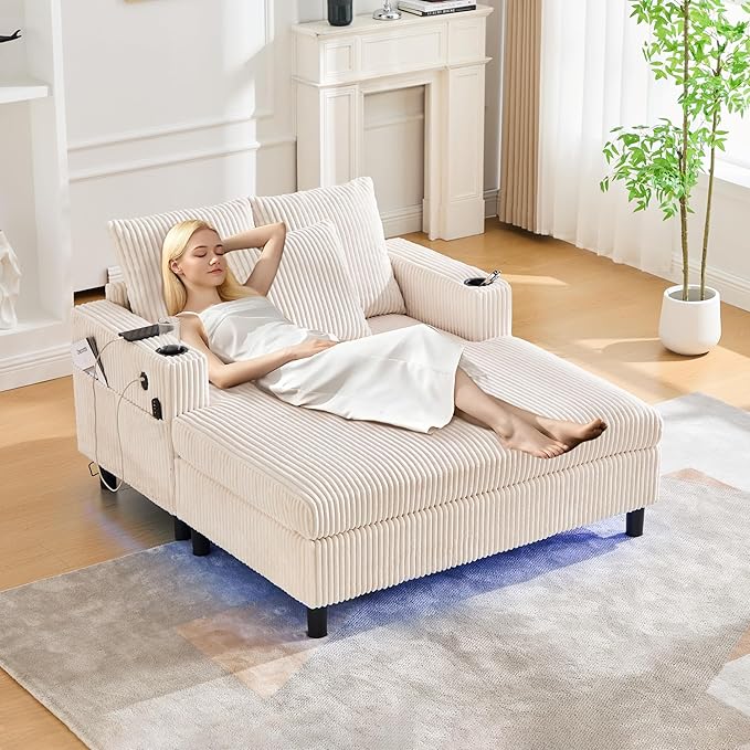 KEIKI 50 W Corduroy Oversized Recliner Single Sofa Longue with Deep Seat3 PillowsUSB ChargingCup Holder and Side Pocket