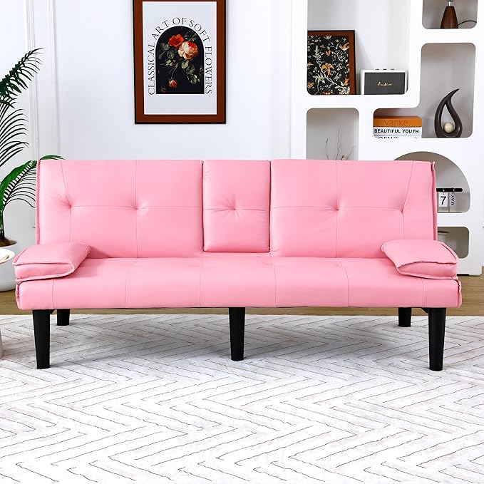 KEIKI Sleeper Sofa Bed with Cup Holder 3 in 1 Convertible Futon Sofa Bed for Living Room Dorm Home Office Pink