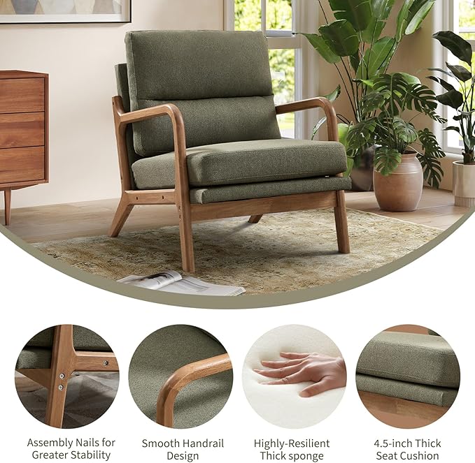 Mid Century Accent Chair Modern Living Room Chairs with Solid Wood Frame Reading Relaxing Armchair for Adults Lounge Chair for Living Room Bedroom Waiting Room-Green