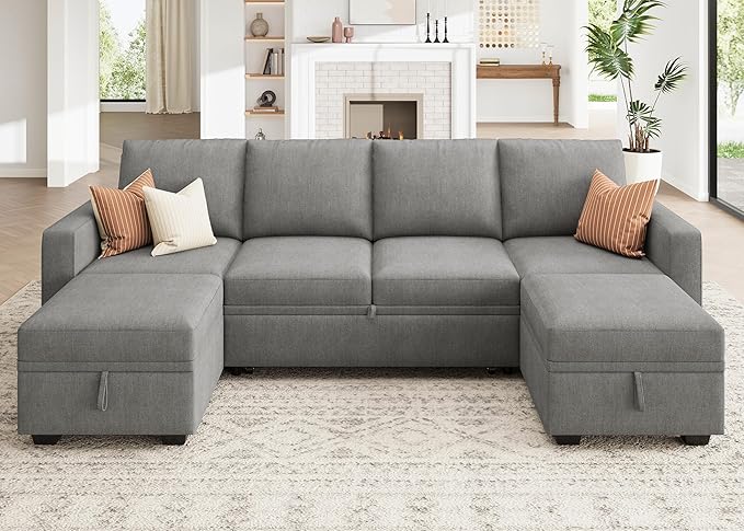 HONBAY Modular Sectional Sleeper Sofa Bed Chenille Pull Out Couch with Storage Ottoman U Shaped Sectional Couches for Living Room Warm Grey