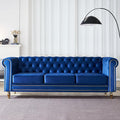 KEIKI 85 Chesterfield Velvet Tufted Button Sofa with Deep Seat Cushions and Rolled Arms Modern Style 3-Seater Couch Decorated with Gold Strip Easy Assembly for Living Room Bedroom Office Blue