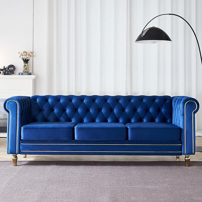 KEIKI 85 Chesterfield Velvet Tufted Button Sofa with Deep Seat Cushions and Rolled Arms Modern Style 3-Seater Couch Decorated with Gold Strip Easy Assembly for Living Room Bedroom Office Blue
