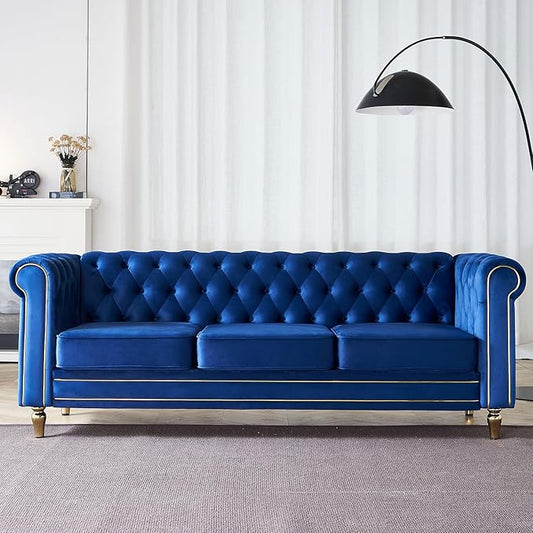 KEIKI 85 Chesterfield Velvet Tufted Button Sofa with Deep Seat Cushions and Rolled Arms Modern Style 3-Seater Couch Decorated with Gold Strip Easy Assembly for Living Room Bedroom Office Blue