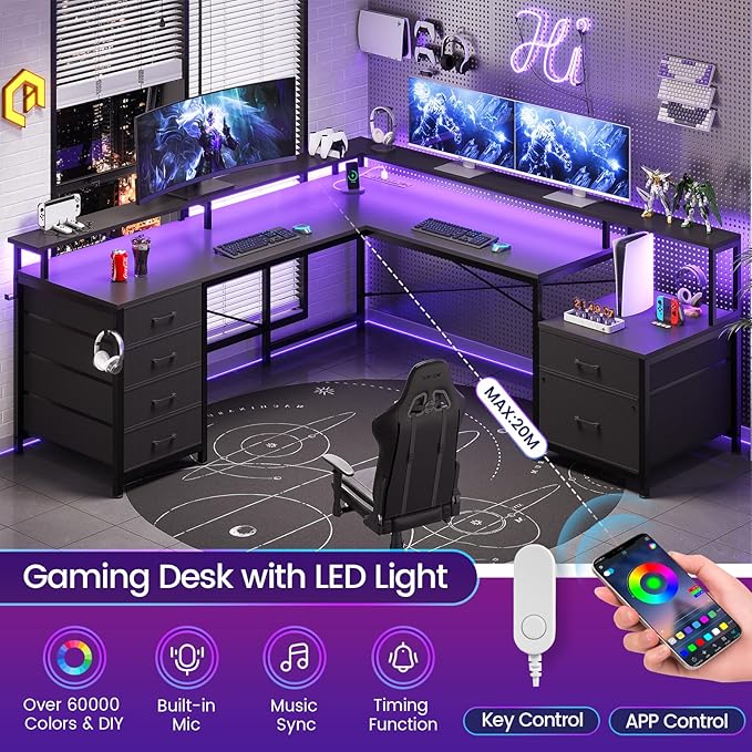 SEDETA L Shaped Desk with 6 Drawer 108 Home Office Desk with File Drawer &amp Power Outlet Corner Computer Desk with Monitor Shelf File Cabinet Two Person Desk Gaming Desk with Led Lights Blac