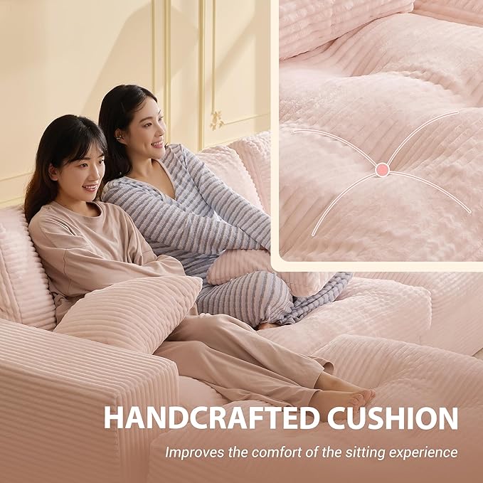 Modular Sectional Sofa 102” L-Shaped Corduroy Couch with Ottoman Deep Seat Comfy Sectional for Living Room Set of Soft Upholstered Cloud Couch for Apartment Pink