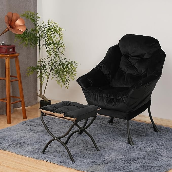 Kokel Lazy Chair with Folding OttomanLiving Room Chairs Accent Contemporary Lounge Chair Single Steel Frame Leisure Sofa Chair with Armrests and A Side Pocket (Black)