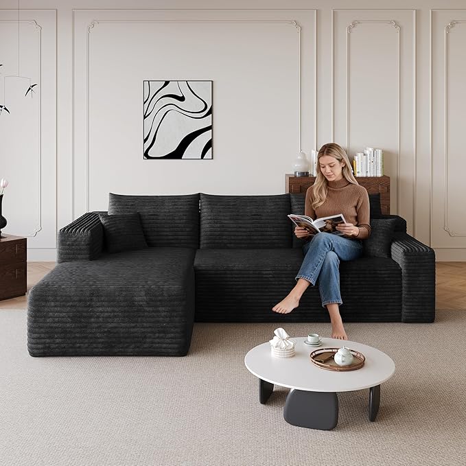 96 Boneless Cloud Modular Sectional Sofa – L-Shape Corduroy CouchDeep Seating Comfort No Assembly Ideal for Apartments &amp Small Living Rooms (BlackLeft Facing)