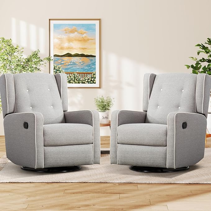 CANMOV Swivel Rocker Recliner Chair Set of 2 Nursery Glider Chair Nursery Rocking Chairs Manual Reclining Chair Grey