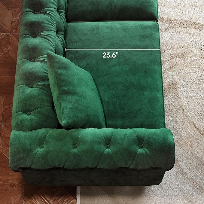ONBRILL 82 Inch Chesterfield Sofa 23 Inch Deep Seat Velvet Couch for Living Room Button Tufted Couch with Rolled Arms 2 Throw Pillows Comfy Vintage Loveseat Sofa for Apartment Green