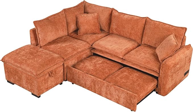 82.67 Convertible Sofa Bed Sectional Sofa Sleeper Chenille L-Shaped Sofa with Movable Storage Ottoman and 2 Pillows Pull-Out Sofa Bed Corner Couch for Living Room Office Apartment (Orange-CV)