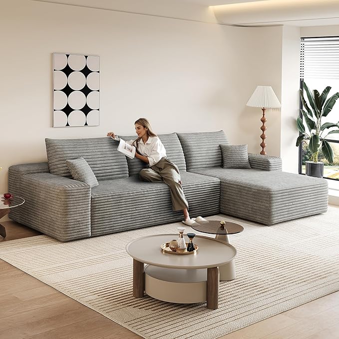 107.5 L-Shaped Sectional Modern Boneless Corduroy Couch with Chaise-No Assembly Required! Deep-Seat Upholstered Modular Cloud Sofa for Living Room Plush Corduroy Fabric (GreyRight Facing Chaise)