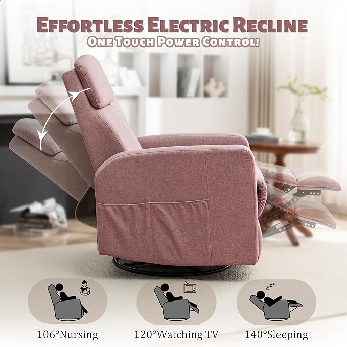 Power Swivel Recliner Chairs for Adults Electric Glider Rocking Chair Nursery Glider Recliner Nursery Chair with Classified Side Pocket Nursery Rocking Chairs with USB and Type-C Ports