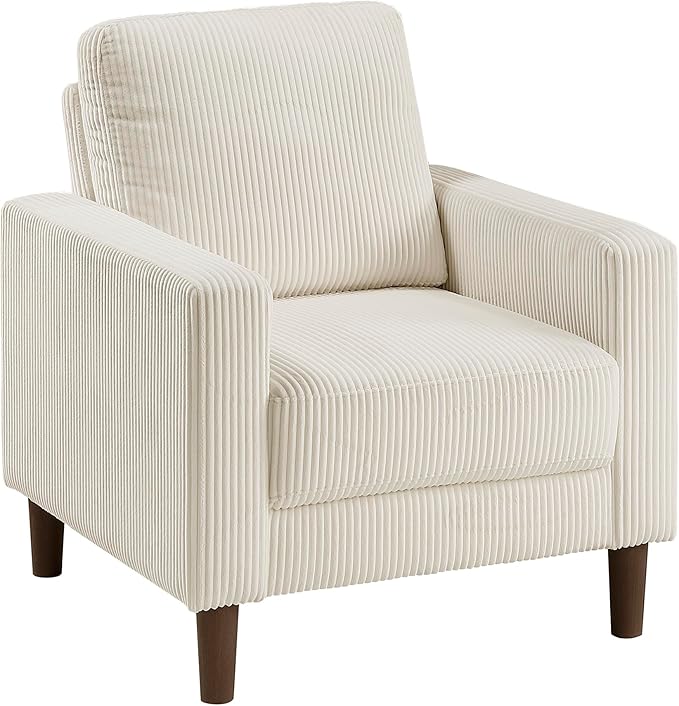 Lexicon Modern Accent Chair Corduroy Fabric Upholstered Armchair with Brown Legs Track Arms Single Sofa Chair for Living Room/Bedroom/Office/Waiting Room Beige