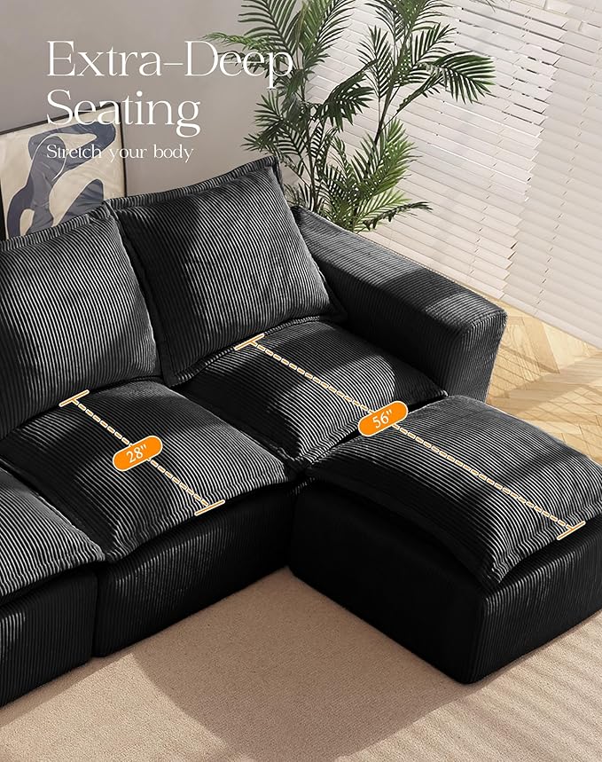 137 Boneless Comfortable Couch with Chaise U Shaped Modular Sectional Couches for Living Room Black Corduroy Sofas with Ottoman Compressed Sofa in a Box No Assembly Required