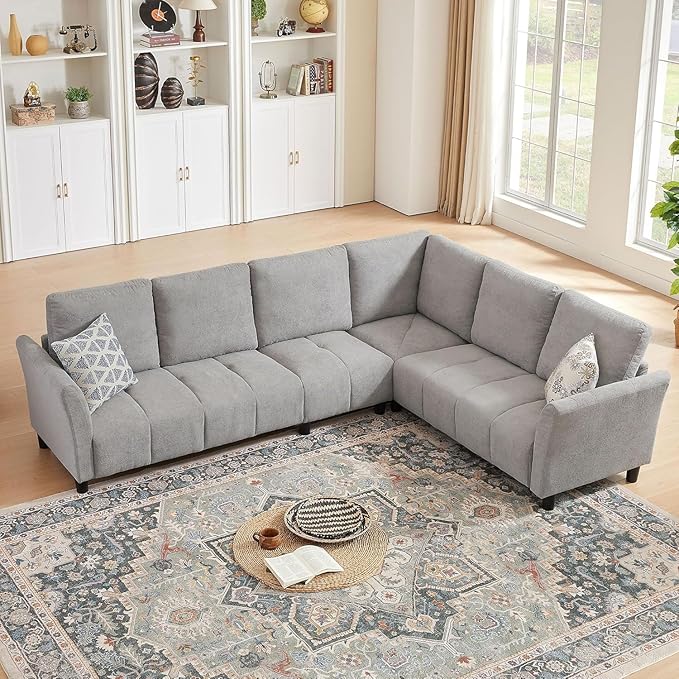 Convertible Sectional Sofa Couch 102 L Shaped Couch with Back Cushions Modern Upholstered Fabric 6-Seat Reversible Sofa Set for Living Room Apartment Office Light Grey