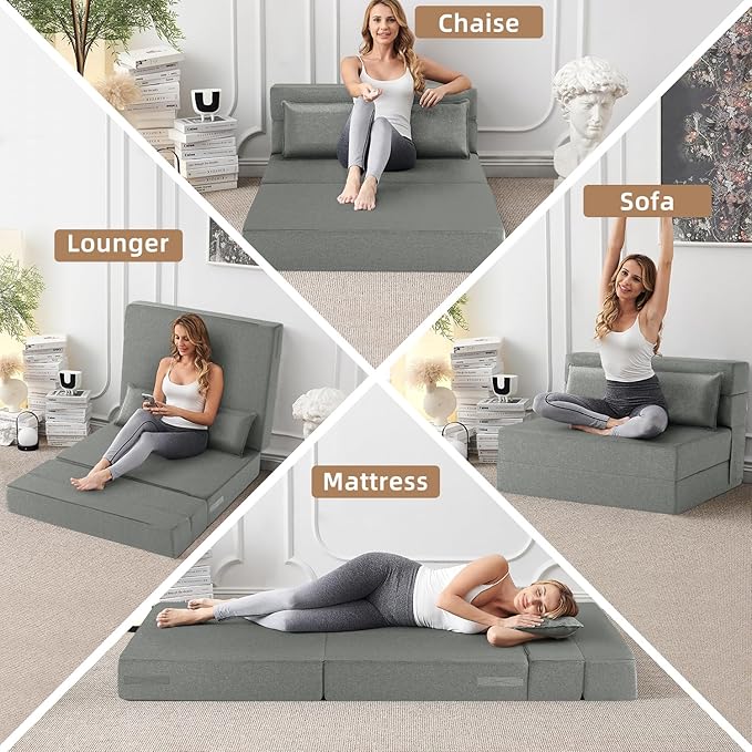 FILUXE Folding Sofa Bed | Convertible Sleeper Chair Bed for Adults Fold Out Chair to Bed Linen Futon Chair with Pillow for Home Dorm Apartment RV Living Room Standard Size Light Gray