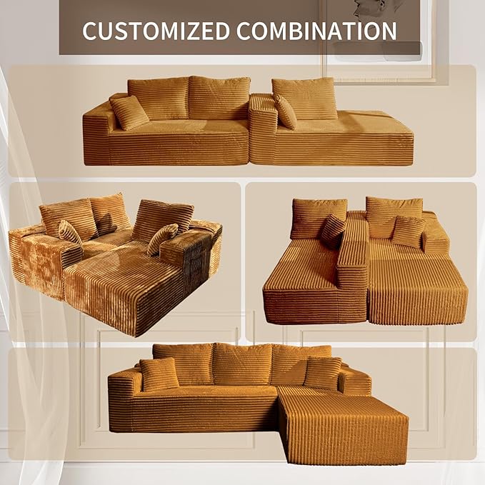 106'' Cloud Sectional Couch with L-Shape Chaise Boneless Modular Sofa with Deep Seat Modern Corduroy Couch for Living Room No Assembly Required. (Yellow Right-Facing Chaise)
