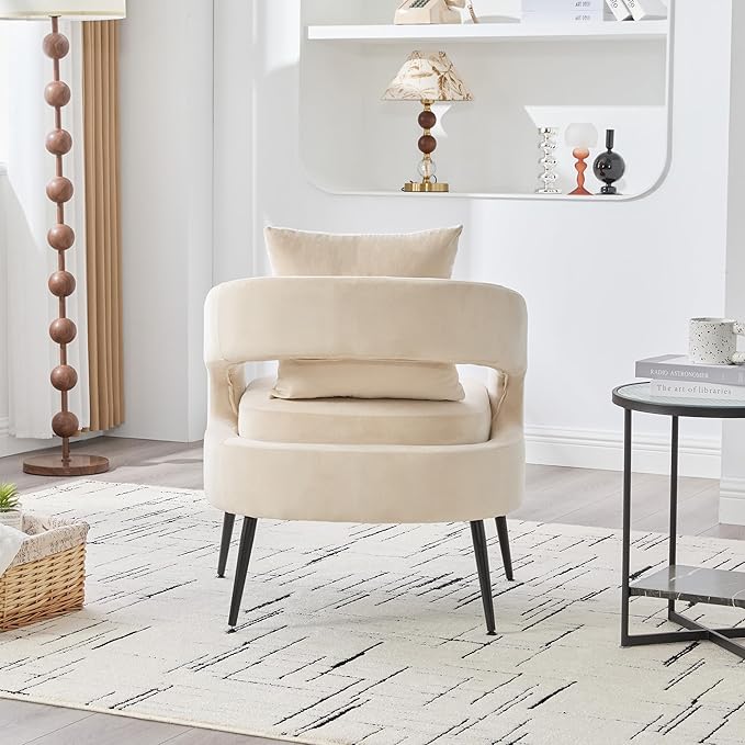 Mid Century Modern Accent Armchair - Velvet Upholstery with Removable CushionRound Arms &amp Sturdy Metal LegsComfortable Reading Chair for Living RoomBedroomApartment - Beige FabricBlack Legs