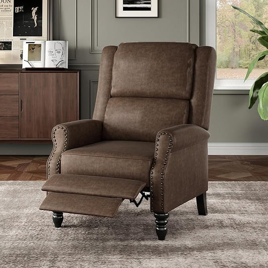 Leather Recliner Chair Pushback Recliner Chair with Adjustable Backrest Footrest Mid-Century Modern Living Room Reclining Chairs with Lumbar Support for Reading Bedroom (Brown)