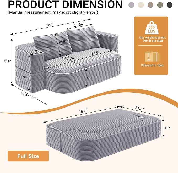 78.7'' Convertible Sleeper Sofa Corduroy Floor Foam Compression Loveseat Sofa Bed Couch Modern Folding Futon Couch Foldable Full Size Guest Bed with 2 Pillows and Blanket for Living Room (Gray)
