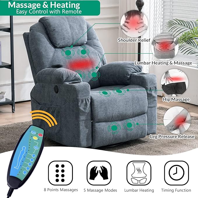 VIVIJASON Manual Massage Rocker Recliner Chair 360° Swivel Glider Lounge Chair with Heat Ergonomic Home Theater Recliner Sofa with 2 Cup Holders Side Pockets &amp USB Ports for Living Room Bluish