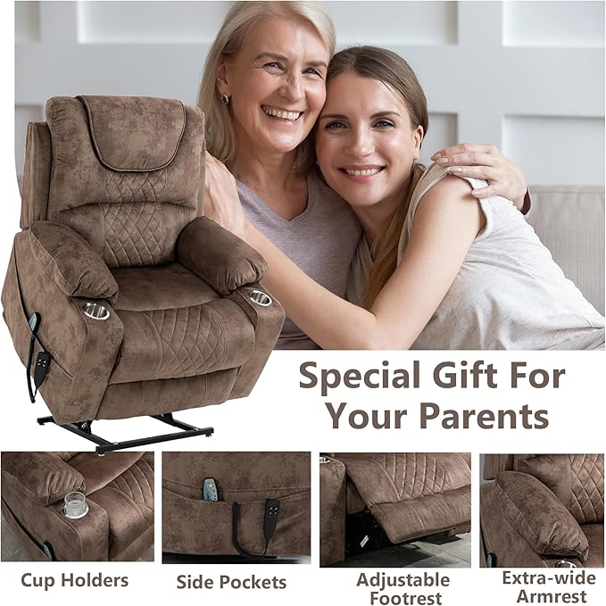 Oversized Power Lift Recliner Chair for Big and Tall 25 Large Electric Recliner Chair with Massage and Heating Dual Motor Zero Gravity Recliner Sofa Velvet Brown