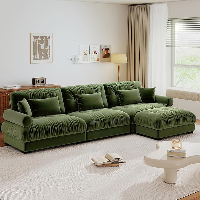 L Shaped Sectional Couch130 Modular Cloud Sectional Sofa with OttomanUpholstered Modular Sofa L Shaped Couch for Living Room (Olive Green)