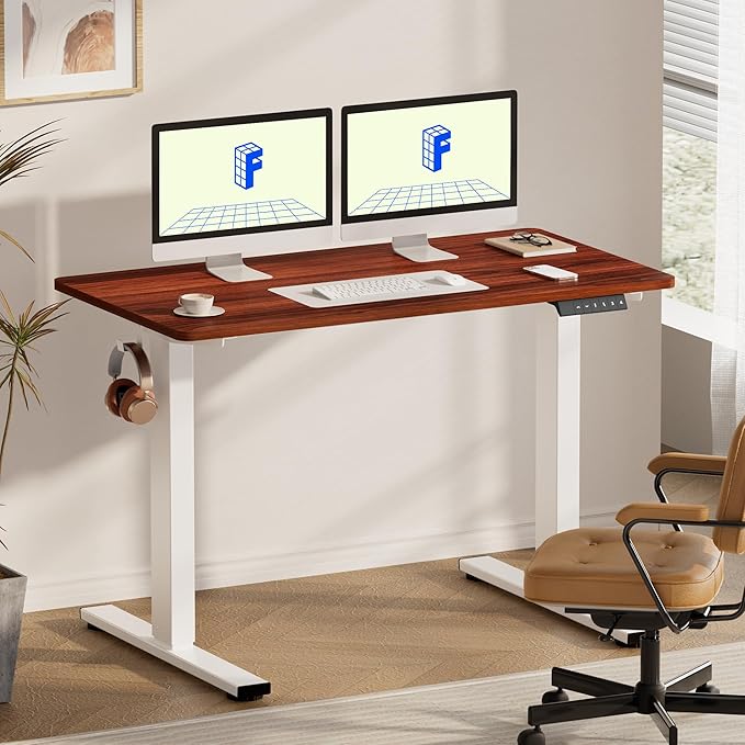 FLEXISPOT EN1 One-Piece Standing Desk with 1-Inch Thick Seamless Desktop 55x28 Electric Height Adjustable Desk for Home Office Multi-Monitor Setups &amp Easy Assembly Mahogany