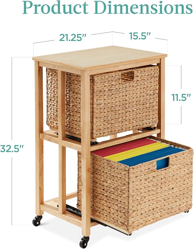 Best Choice Products Vertical Rolling File Cabinet Multipurpose Portable Water Hyacinth Basket Organizer for Home Office Workspace w/Rubberwood Frame Metal Sliders Locking Caster Wheels - Natural