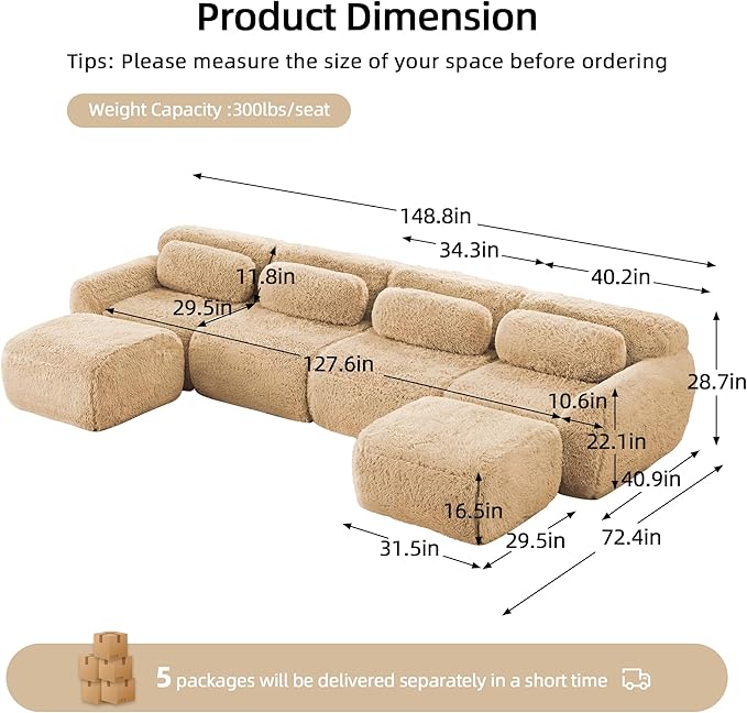 Boneless Couch Modular Sectional Sofa Comfy Cloud Couch No Assembly U Shaped Couches 149 Modern Sectional Couches for Living Room Deep Seat 4 Seater Couches Floor Sofas Anti-SlipKhaki