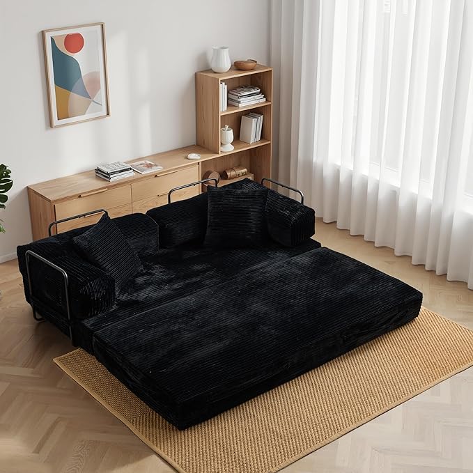 HOOOWOOO Convertible Folding Futon Sofa Bed4 in 1 Corduroy Sleeper Couch No Assembly80.5 Boneless Loveseat Lounge with Steel Frame Support for Living Room Bedroom Guest Room(Black)