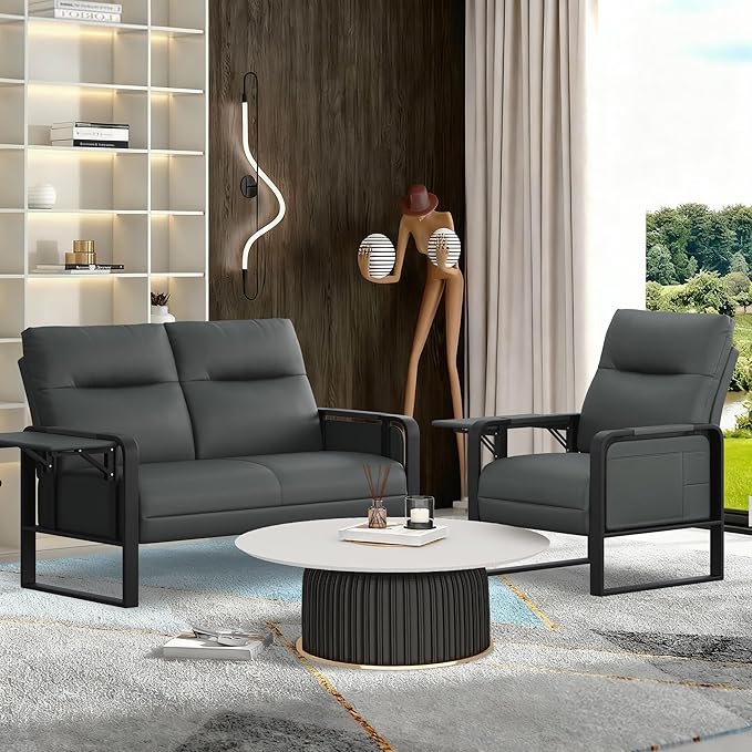 Upholstered Living Room Chair Armchair SetMid Century Faux Leather Accent Chair Loveseat Furniture SetReception Couch Slipper Club Lounge Chair Sofa with Sidetable-Dark Grey(1 Loveseat and 2 Chairs)