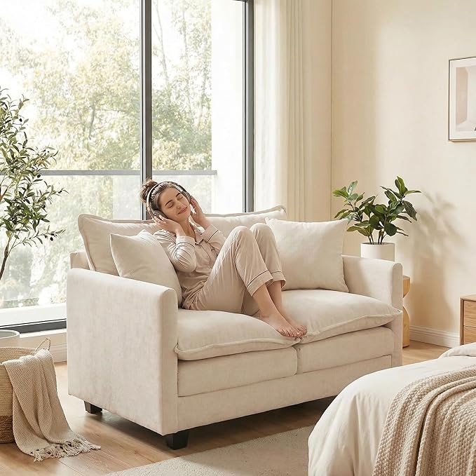 KYJ 50 Loveseat Sofa Couch 2 Seater Couch Small Mini Compact Chenille Cloud Sofa 27 Deep Seat with Detachable Pillow Cover for Bedroom Living Room Dorm Apartment Small Spaces 2-Beige